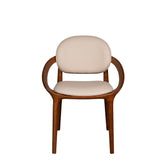 Chair with wooden frame and beige cushion on a white background