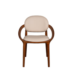 Chair with wooden frame and beige cushion on a white background