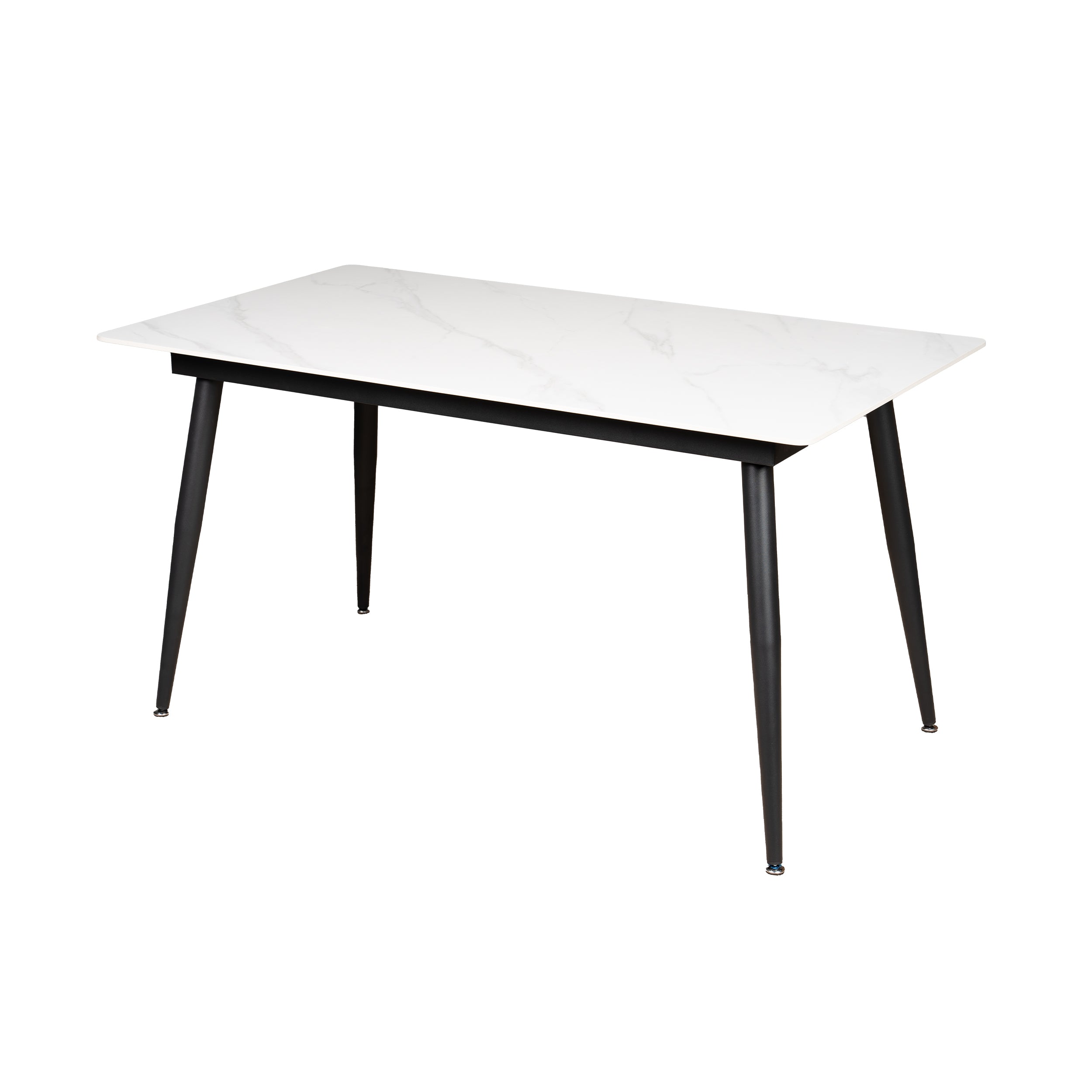White rectangular table with black legs on a white background