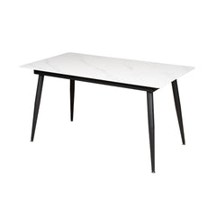 White rectangular table with black legs on a white background