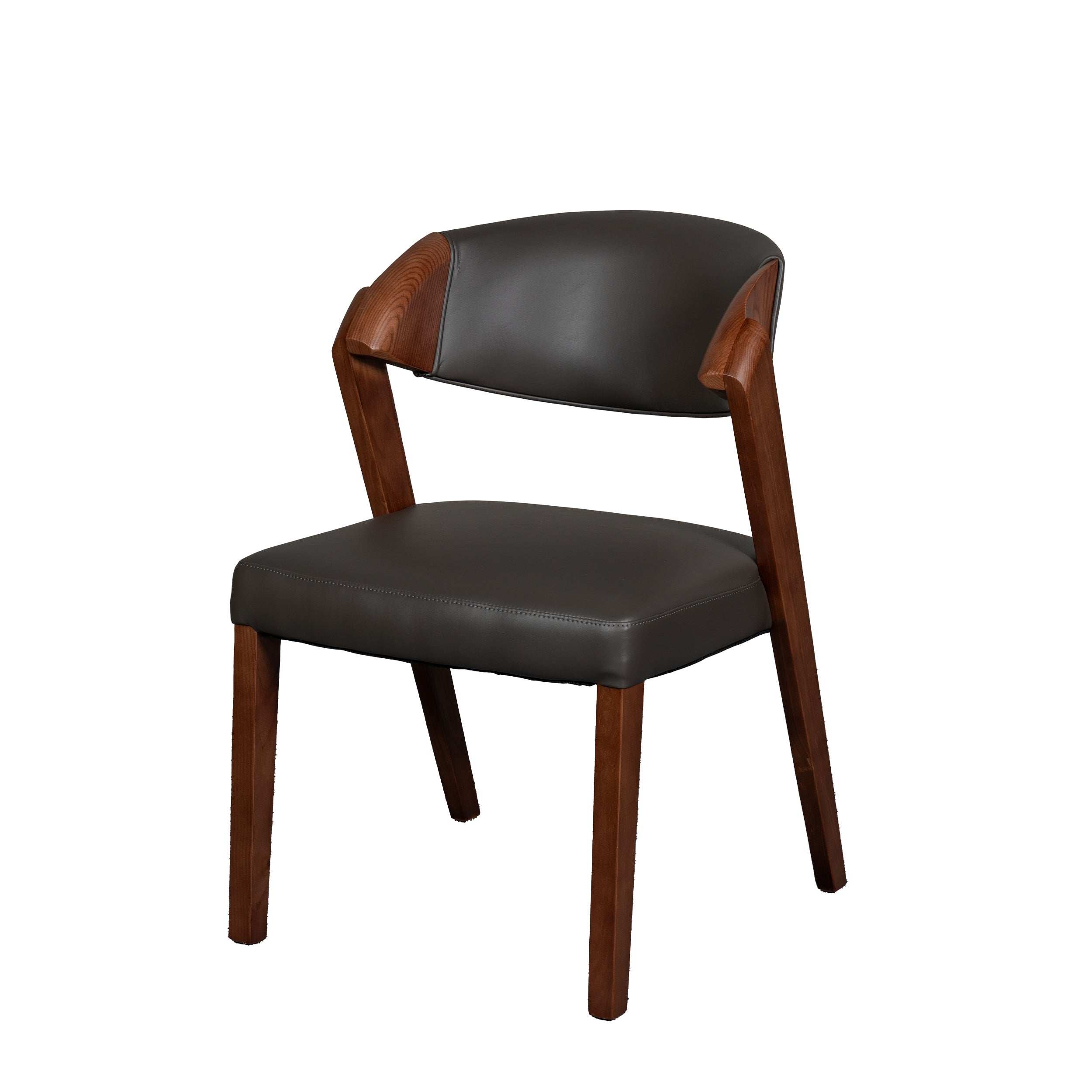 Chair with brown wooden frame and black cushioned seat and backrest on a white background