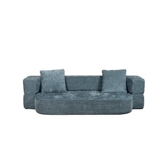 Blue sofa with two cushions on a white background