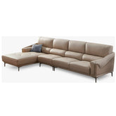 A three-seater leather sofa with a right-side chaise lounge in a neutral color, featuring a contemporary design with sleek lines.