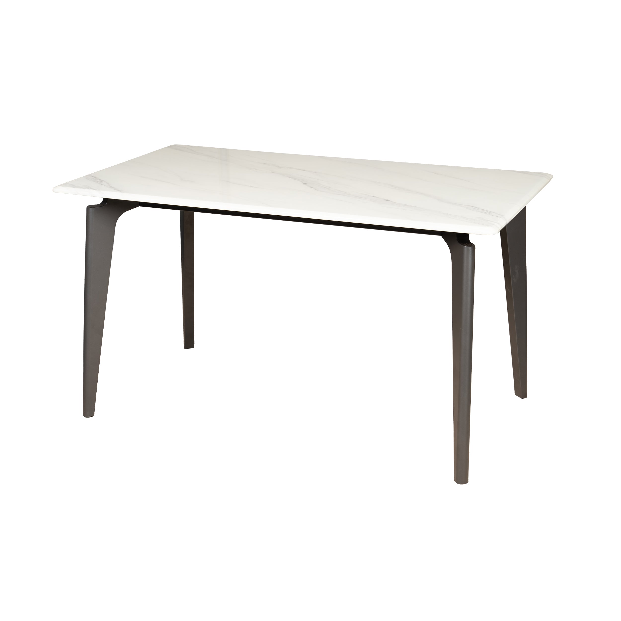 White rectangular table with dark legs on a white background