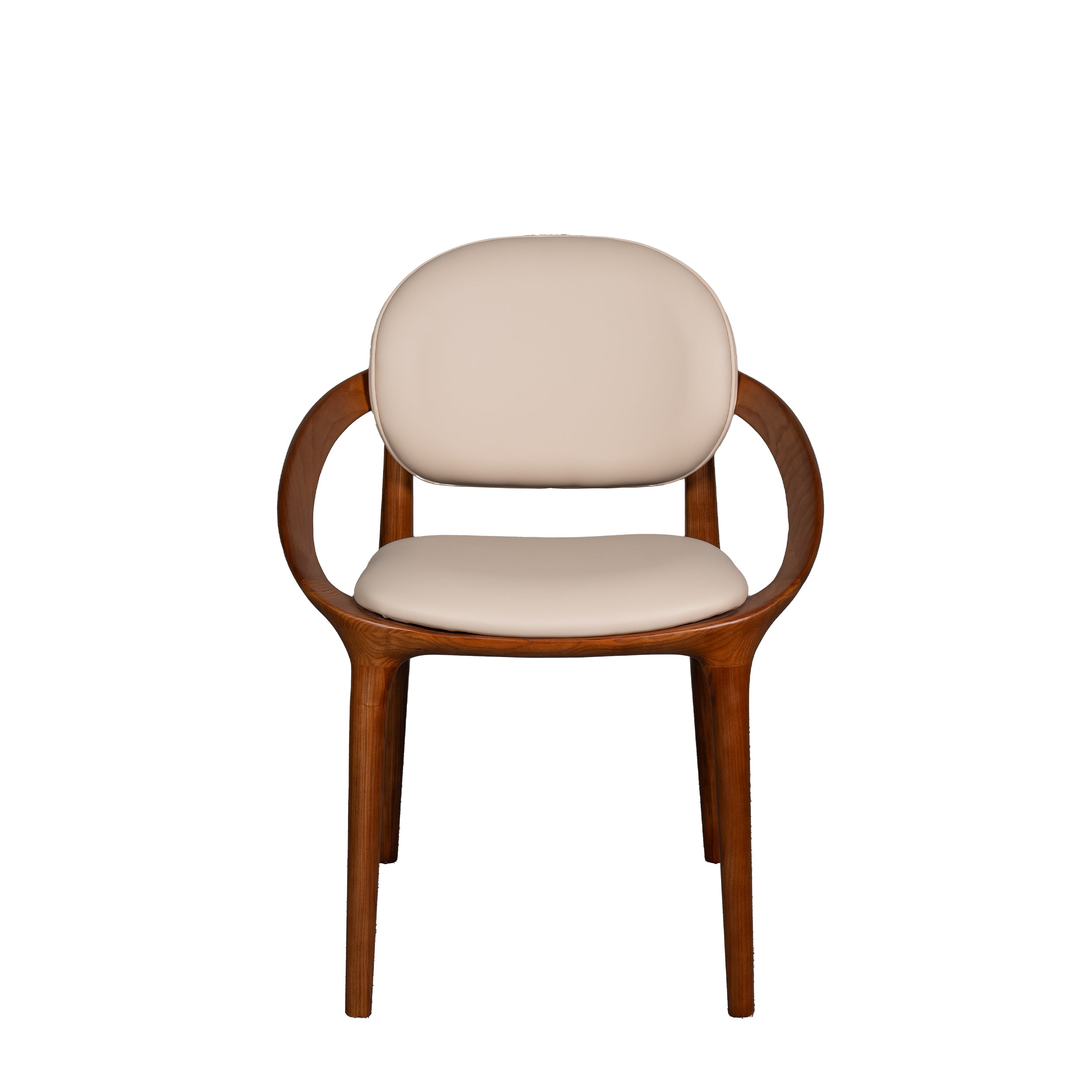 Chair with wooden frame and beige cushion on a white background