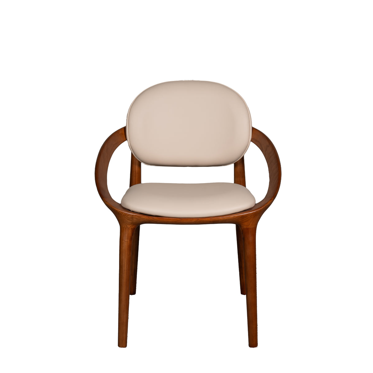 Chair with wooden frame and beige cushion on a white background