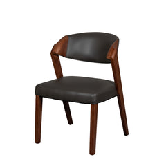 Chair with brown wooden frame and black cushioned seat and backrest on a white background
