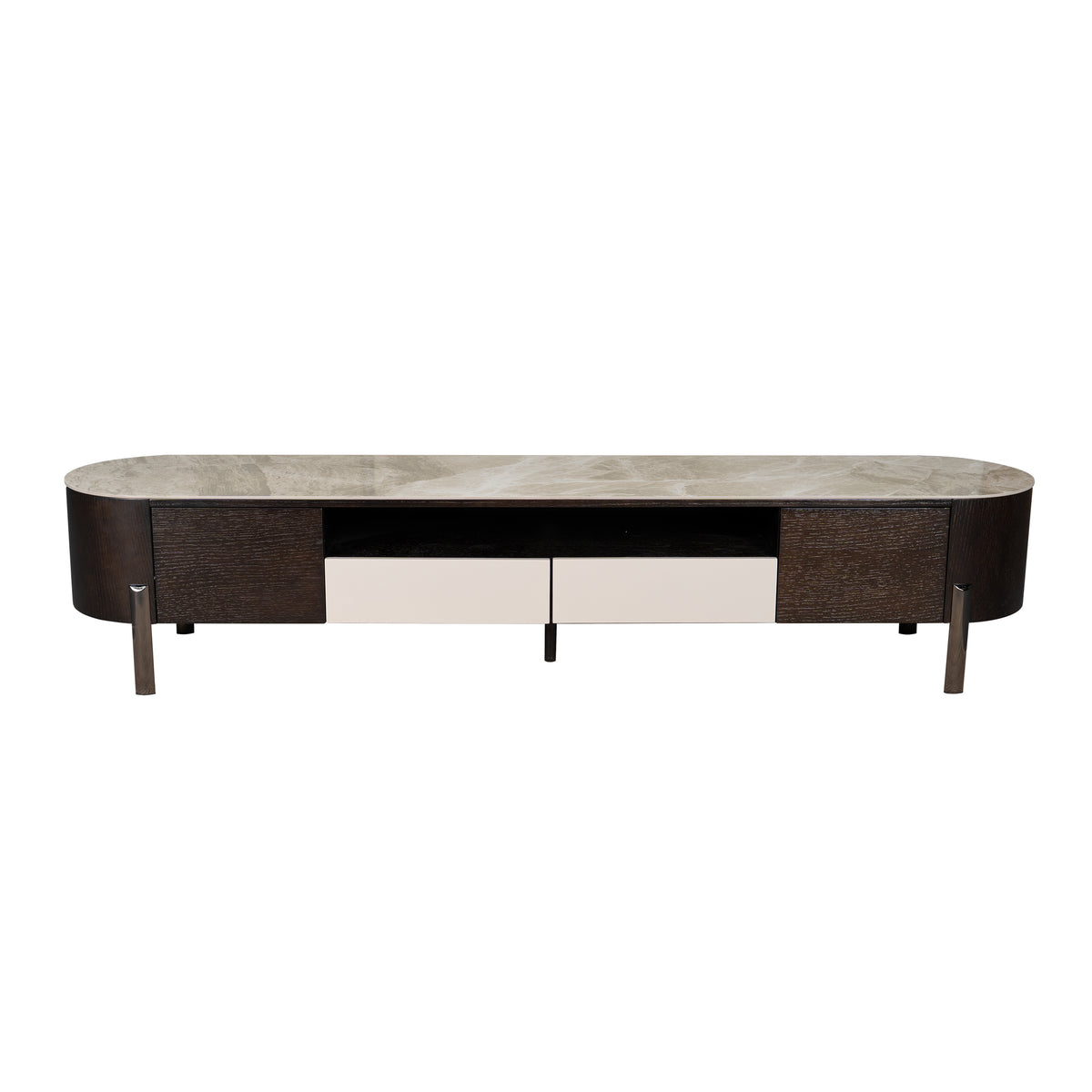 Modern TV stand with a marble top on a white background
