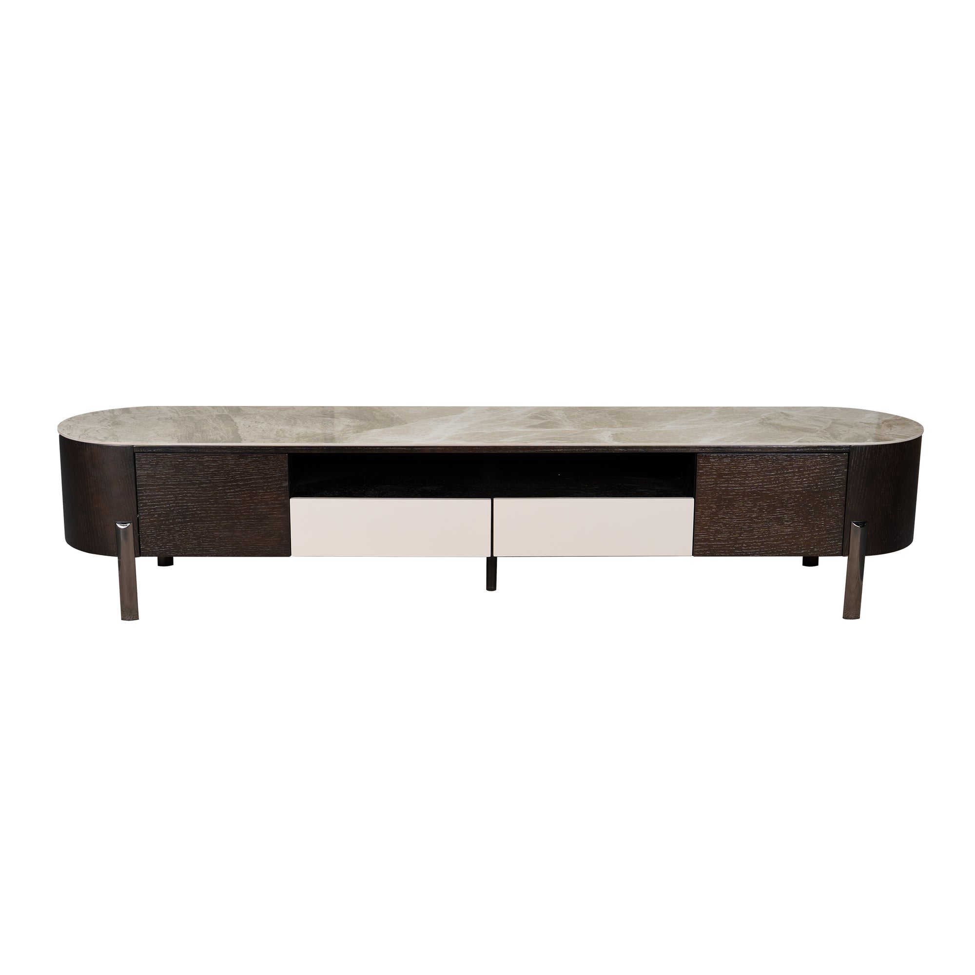 Modern TV stand with a marble top on a white background