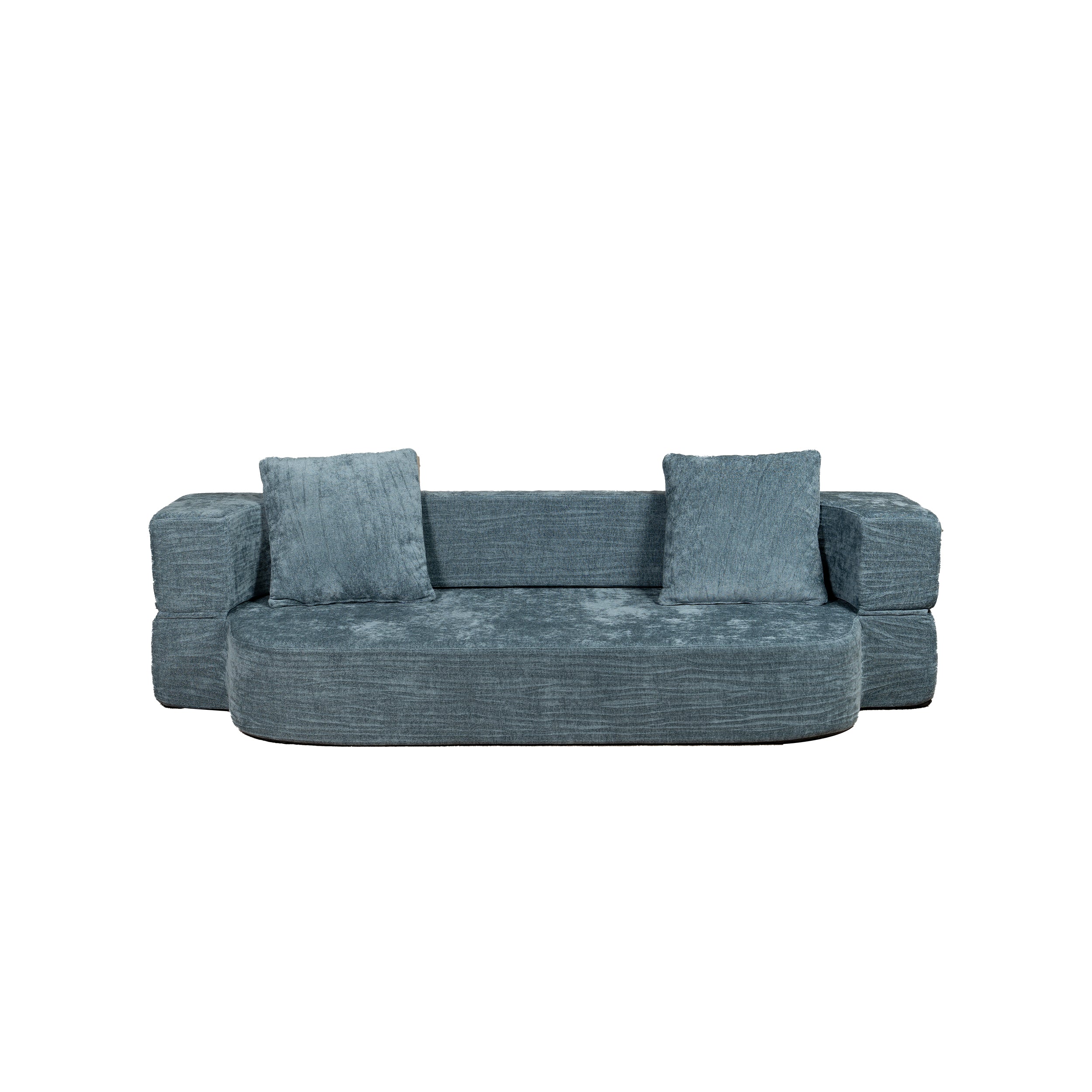 Blue sofa with two cushions on a white background