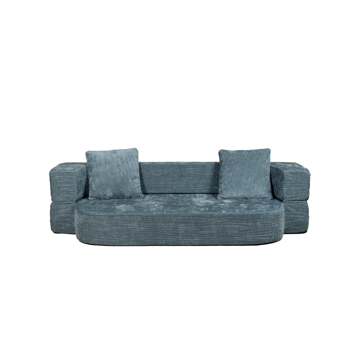 Blue sofa with two cushions on a white background