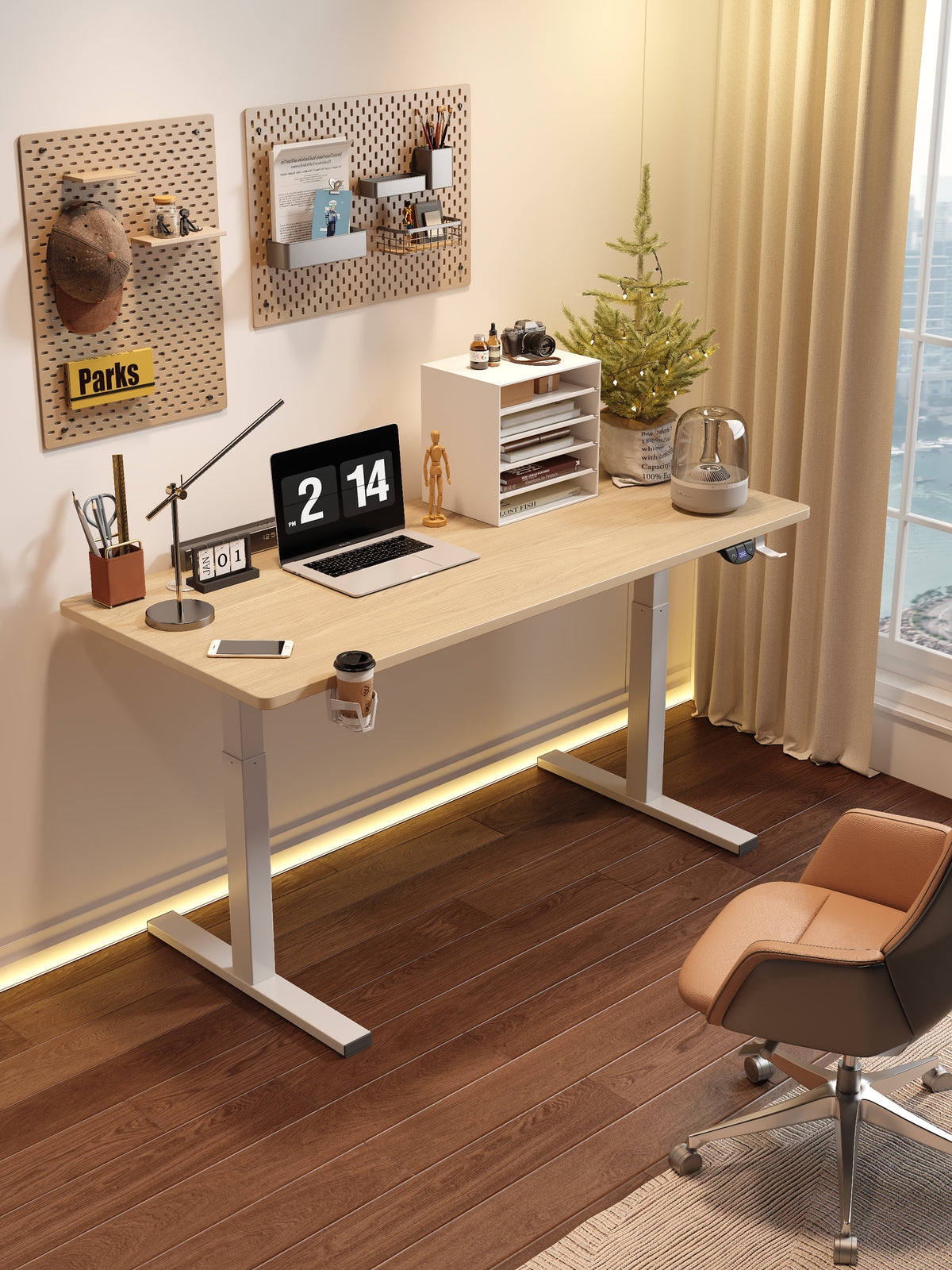 Oak + White Leg Adjustable Height Desk