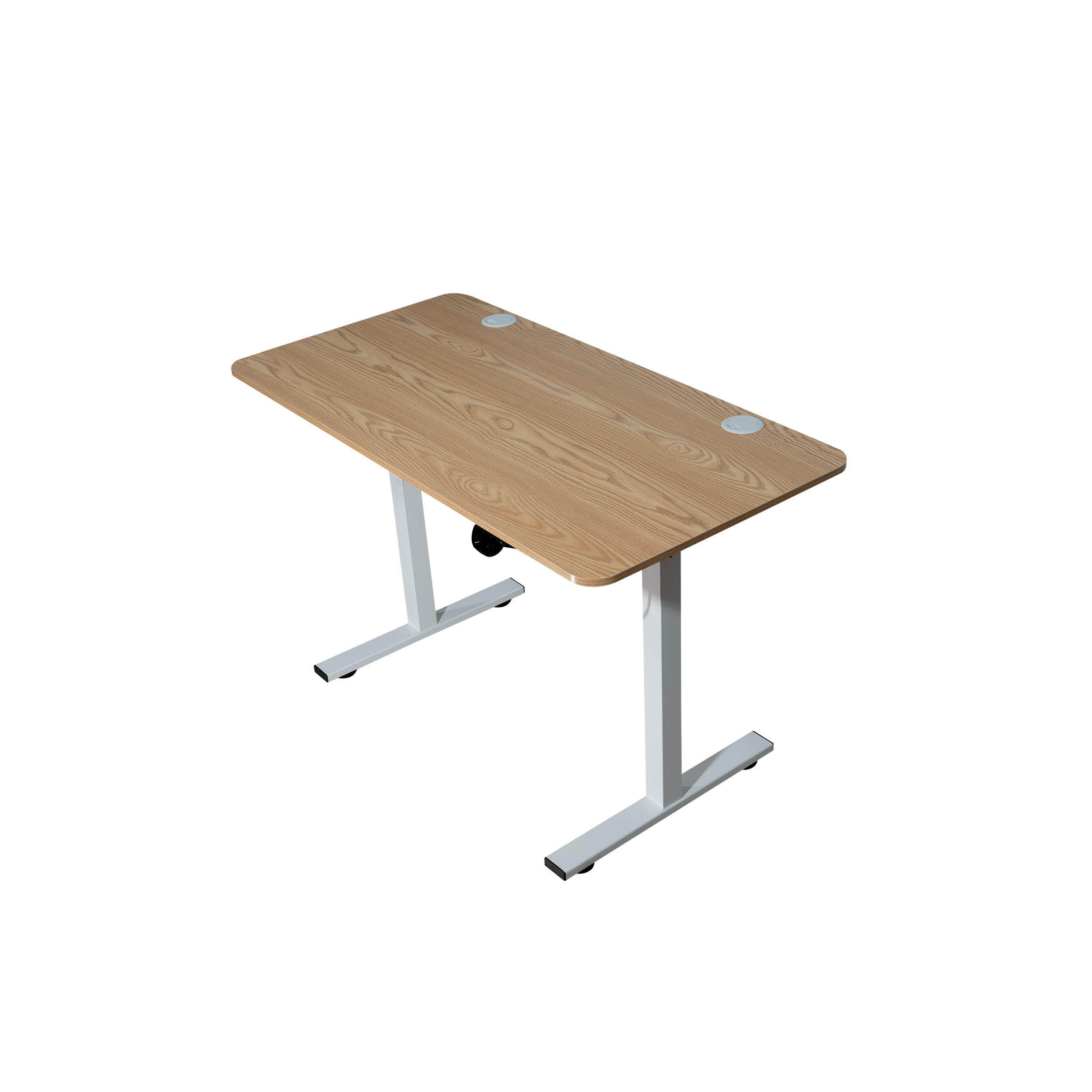 An adjustable height liftable desk with a beige tabletop and a white metal frame.
