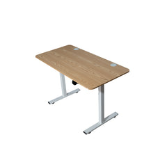 An adjustable height liftable desk with a beige tabletop and a white metal frame.