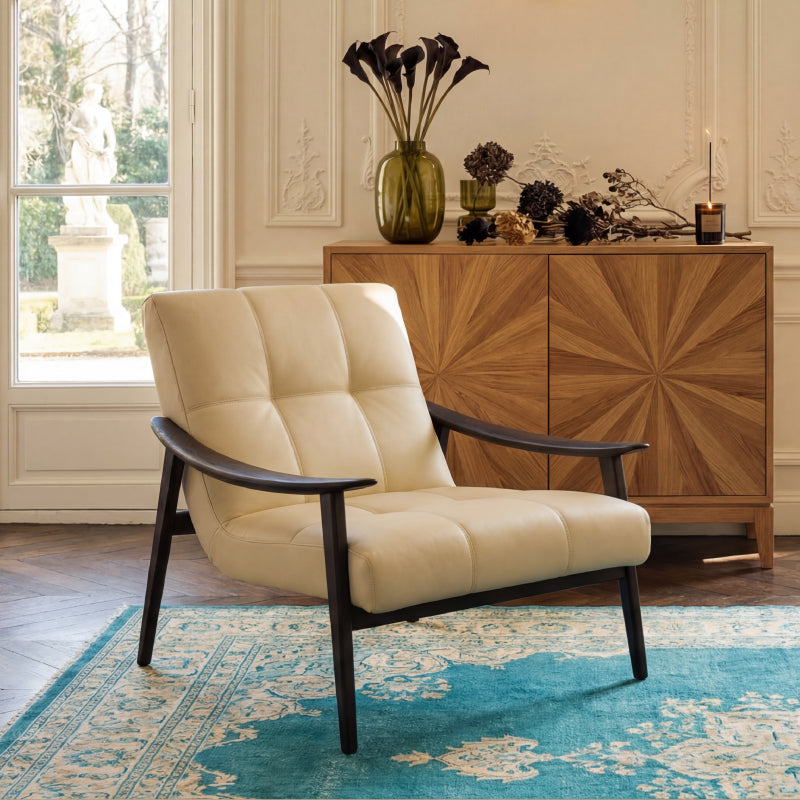 Ash Wood & Genuine Leather Lounge Chair – Modern Accent Armchair