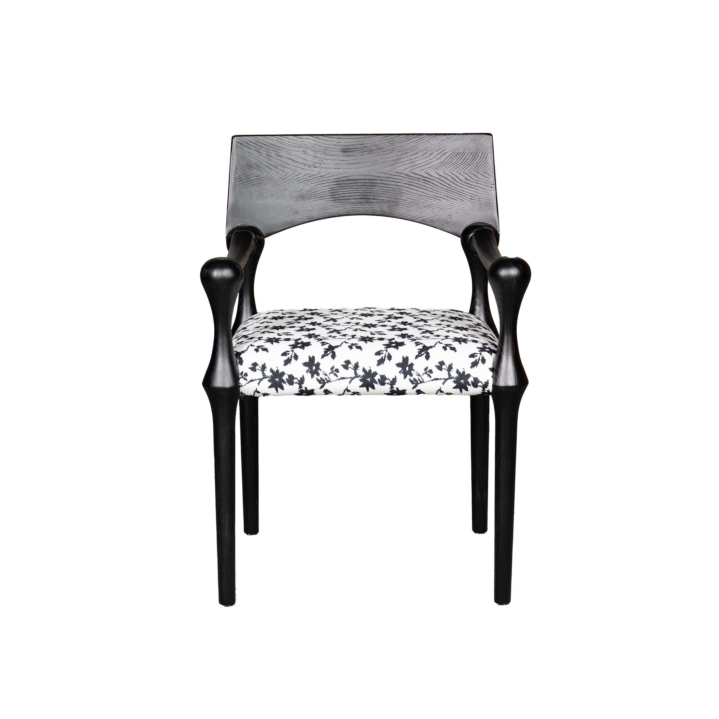Chair with floral-patterned seat on a white background