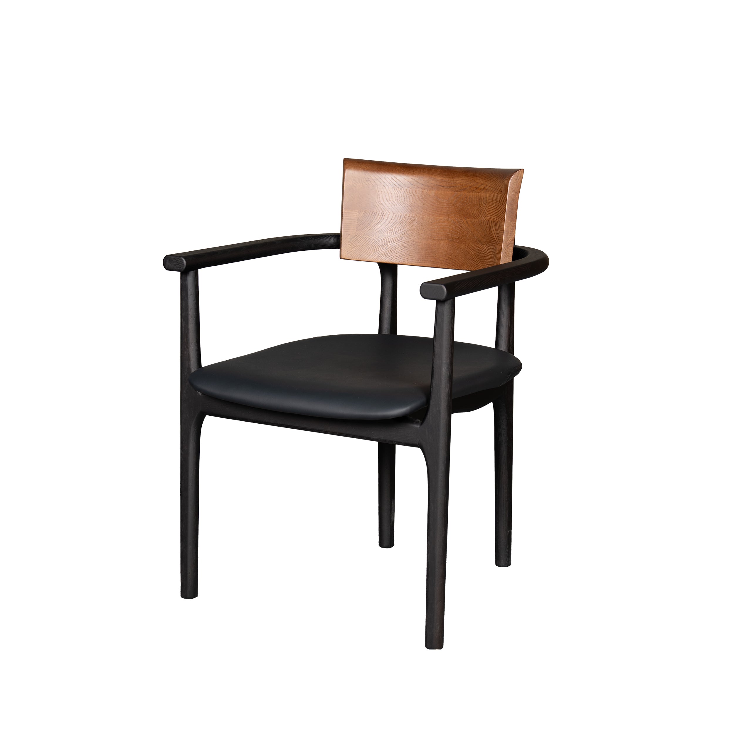 Chair with wooden backrest and black seat on a white background