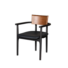 Chair with wooden backrest and black seat on a white background