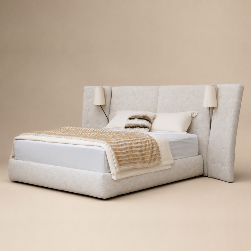 white fabric bed frame