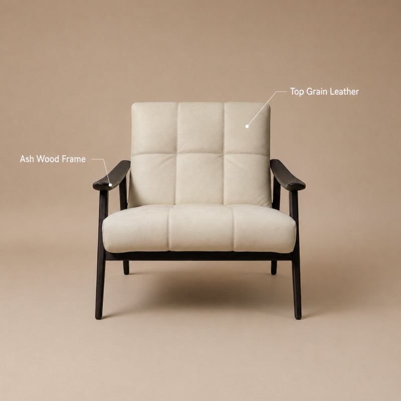 Ash Wood & Genuine Leather Lounge Chair – Modern Accent Armchair
