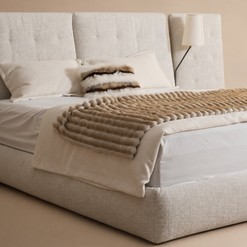 white fabric bed frame