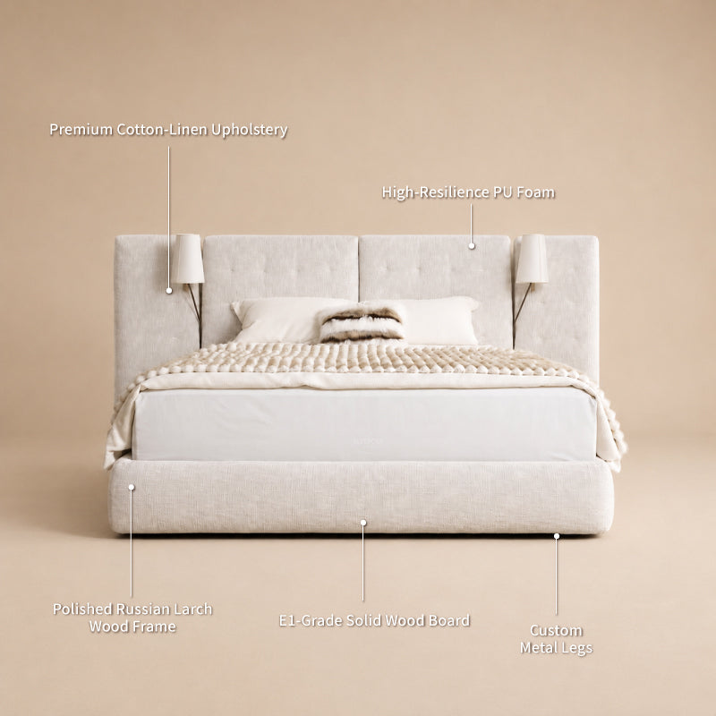 white fabric bed frame