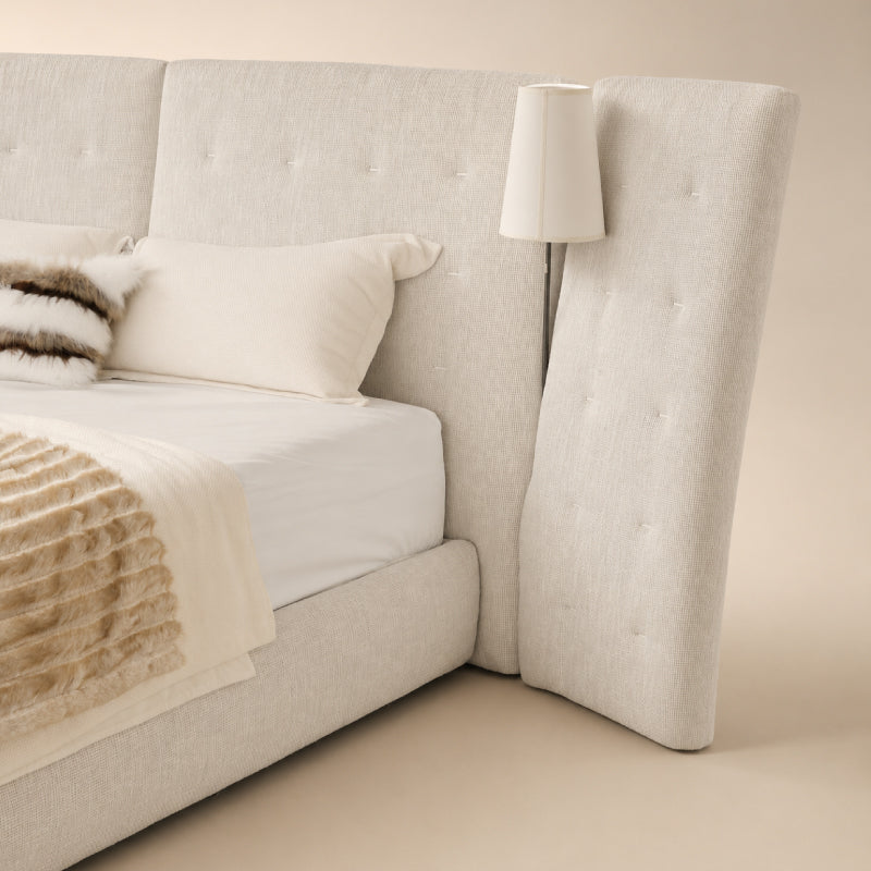 white fabric bed frame