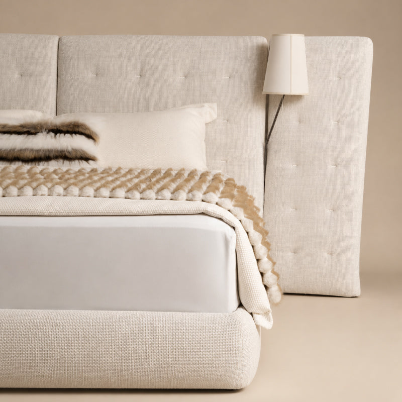 white fabric bed frame