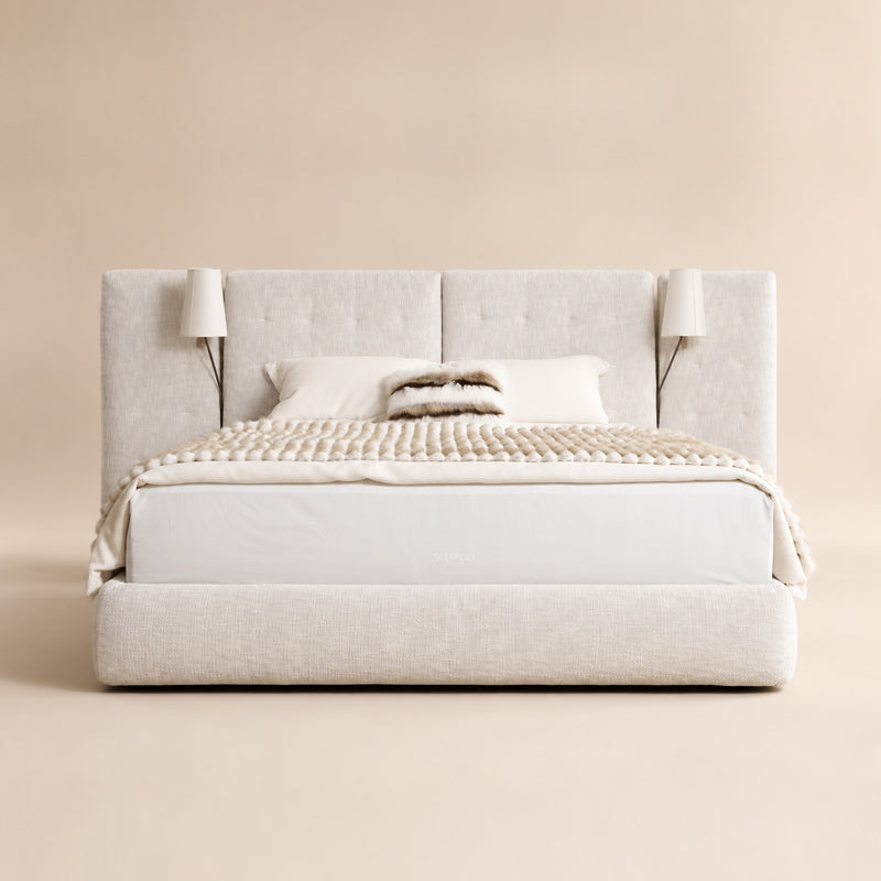 white fabric bed frame
