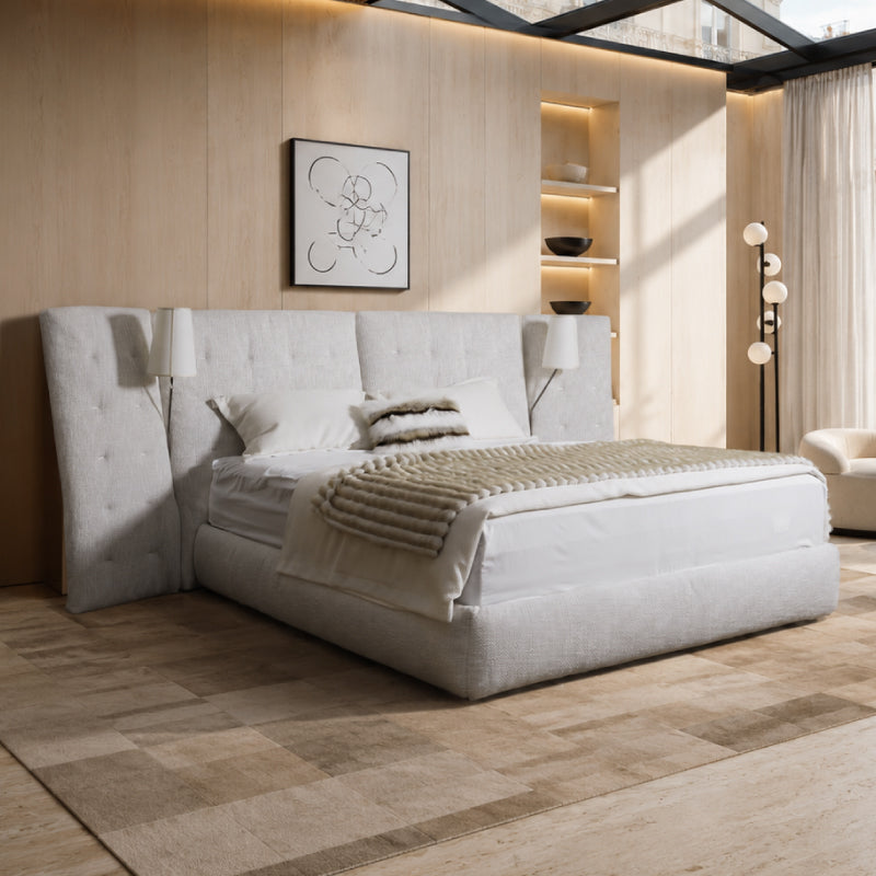 white fabric bed frame