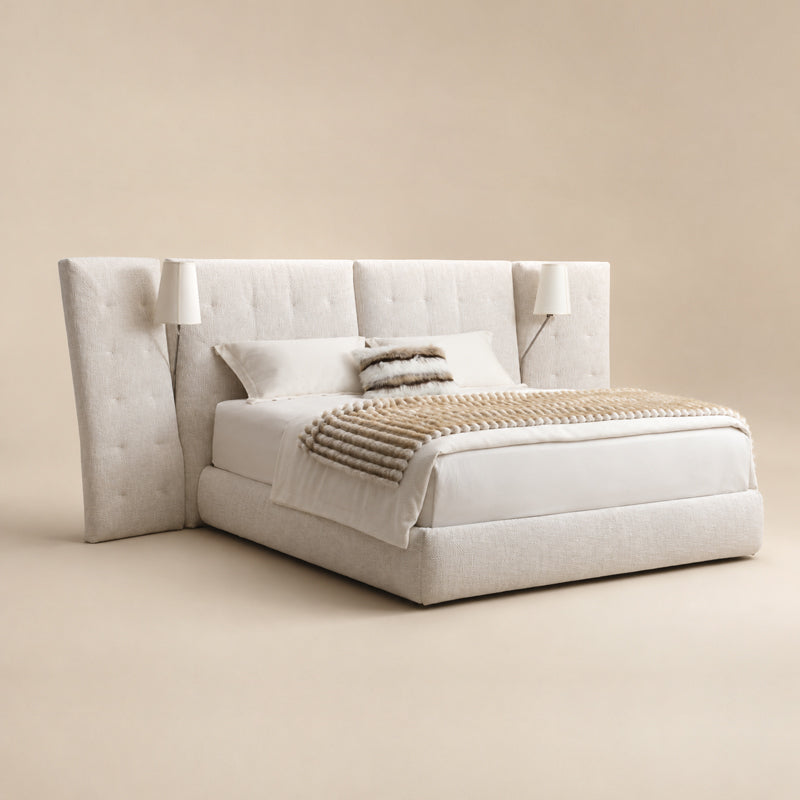 white fabric bed frame